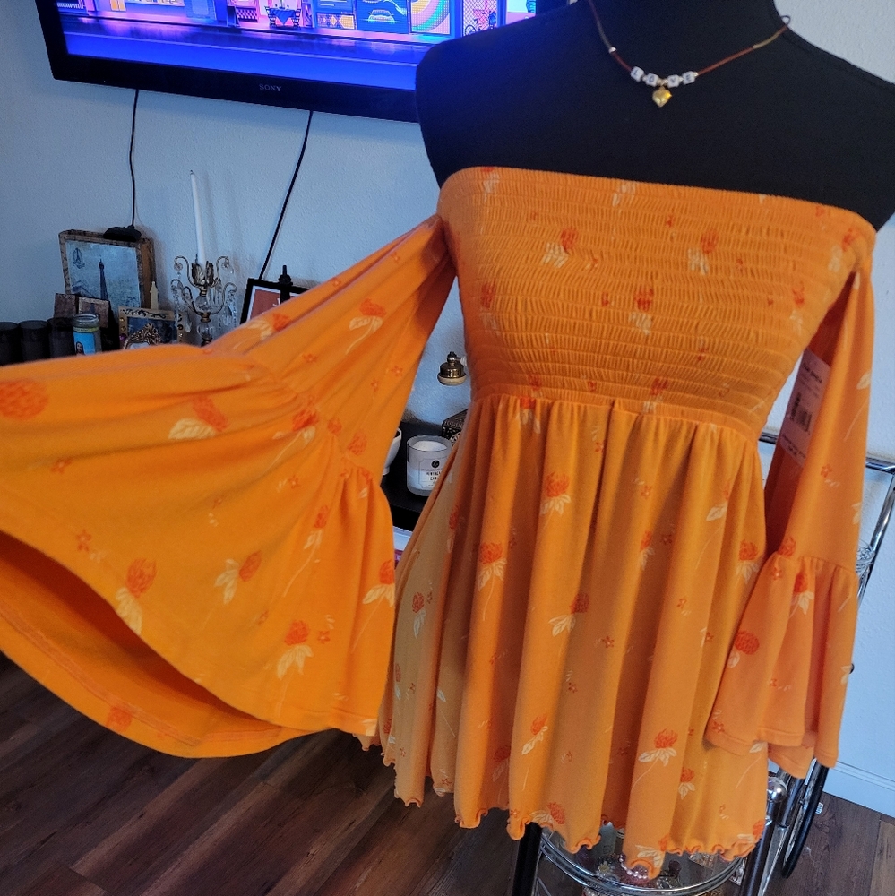 FREE PEOPLE Lana Off The Shoulder Bell Sleeves Orange Smocked Tunic NWTS Size XS - Picture 7 of 13